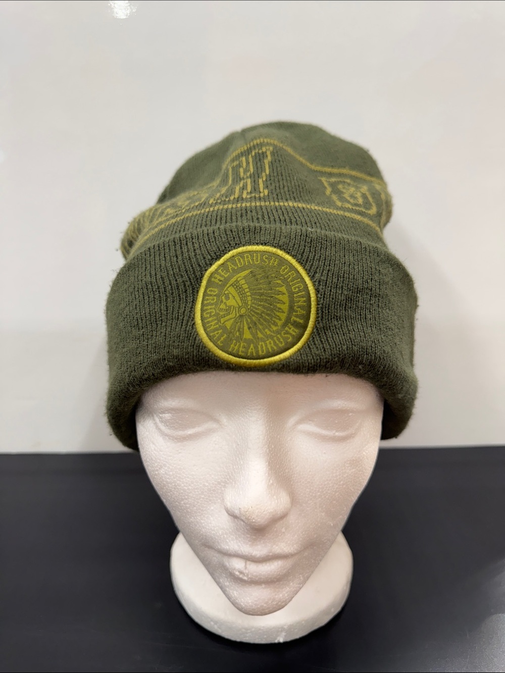 HeadRush Olive Green Knit Cuffed Beanie with Yellow Patch